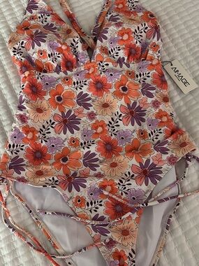 Floral One-Piece Swimsuit in Orange, Purple & Cream